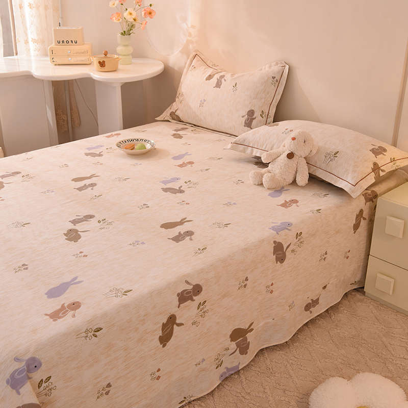 全棉加厚保暖磨毛床单单件100纯棉ins田园风小兔子单双人卡通被单