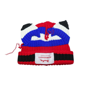 新款22春夏Loverboy可爱小猪耳朵条纹针织线帽冷帽男女情侣ins潮