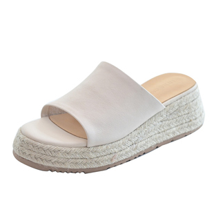 步享极简草编厚底拖鞋女夏外穿时尚圆头坡跟中跟真皮露趾休闲凉拖