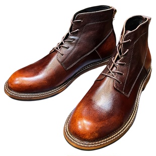 阿美咔叽美式复古英伦风工装马丁靴女高帮圆头真皮机车男鞋伞兵靴