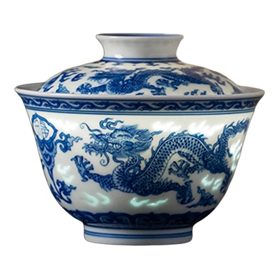 富玉窑景德镇传世青花行龙纹盖碗