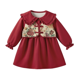 女童连衣裙大童秋冬加绒红色新中式公主裙宝宝冬款新年服儿童裙子