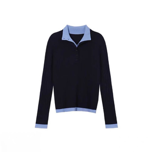 【撞色polo】官方经典款绵羊毛混纺针织衫女撞色假两件毛衣秋冬新