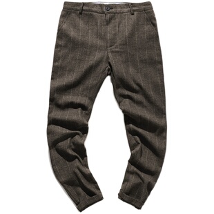 羊毛西裤男秋冬季厚款修身复古条纹格子磨毛料大码配马丁靴毛呢裤