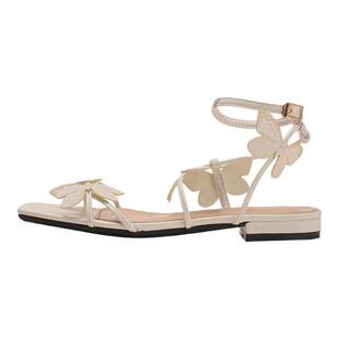 平底仙女风一字带配裙子的蝴蝶花休闲凉鞋子女高级感2024夏季