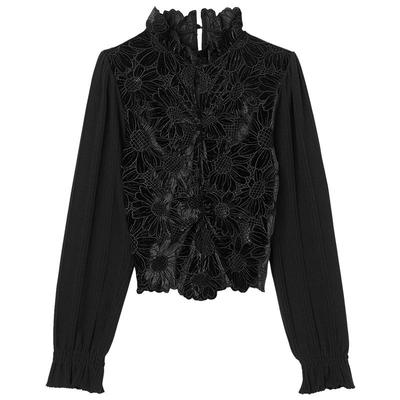 SANDRO刺绣花边领黑色针织上衣
