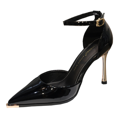 中空包头尖头细跟金属头女高跟鞋