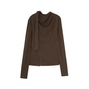 ELLE咖啡色复古磨毛长袖T恤女2025冬季新款飘带领设计感打底上衣