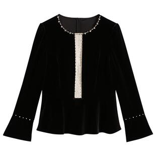 YINER音儿专选女装秋季圆领钉钻长袖衬衫收腰弹力上衣