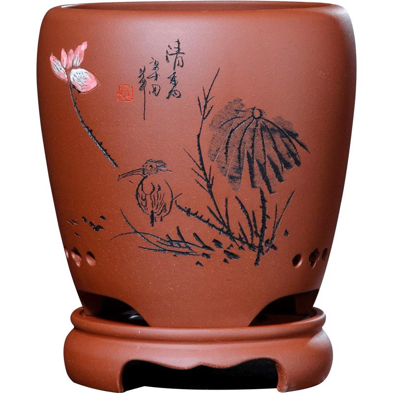 陶瓷宜兴紫砂龙蛋带托盘兰花盆