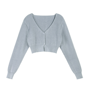 NEVA HU【现货6折】V领短款毛衣开衫女外穿宽松慵懒风针织外套