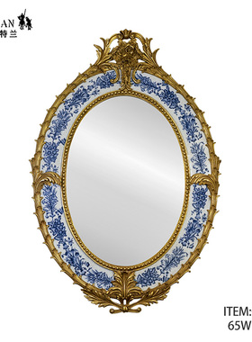 欧式轻奢美式复古铜椭圆镜摆件