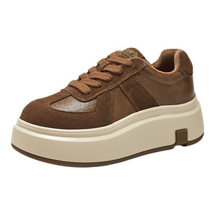 MILLIE'S/妙丽圆头牛皮绒面鞋厚底德训鞋棕色休闲板鞋平底女款