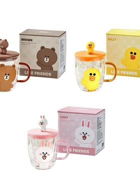 LINE FRIENDS双层玻璃杯带盖带把手高颜值喝水杯子女家用咖啡茶杯