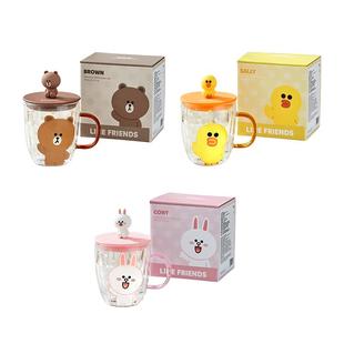 布朗熊玻璃杯双层加厚家用水杯女生高颜值带把手带盖子喝水杯子