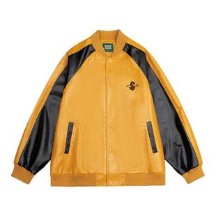 黄朔同款GOGOSOON外套男新款春秋棒球服PU皮衣美式复古机车夹克Q