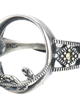 泰银做旧花朵戒指镶嵌翡翠