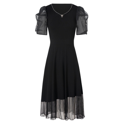 法式洋装灯笼袖钉珠针织连衣裙