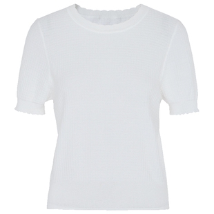 马天奴女装夏季新款白色花边圆领短袖修身格纹提花针织衫上衣时尚