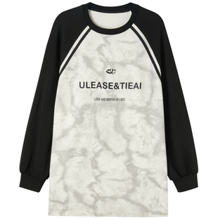 U/TI印染插肩袖长袖T恤连衣裙女装 简约百搭休闲尤缇2024春季新款