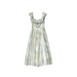 楠哥微胖mm法式复古碎花连衣裙女夏大码收腰显瘦露肩性感甜辣裙子