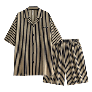 悦内睡衣男士款夏季纯棉短袖短裤家居服夏天夏款时尚条纹开衫套装