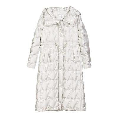 诗梦米白色收腰连帽长款鹅绒服