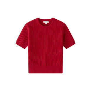 Into Fiction 法式红100%美丽诺纯羊毛绞花短袖毛衣糖果色针织衫