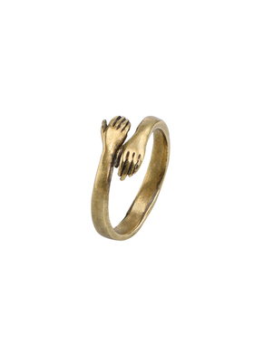 纯黄铜双手拥抱情侣戒指仿古小众