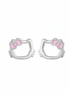 999纯银针粉蝴蝶结猫咪耳钉