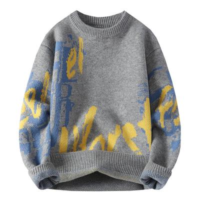 加绒加厚圆领印花毛衣男