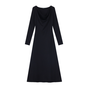 Maven Lin 静奢高雅|黑色荡领针织长袖连衣裙女收腰打底气质长裙