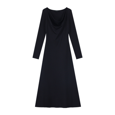 Maven Lin 静奢高雅|黑色荡领针织长袖连衣裙女收腰打底气质长裙