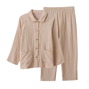 复古格子睡衣女春秋季纯棉四层纱布宽松长袖长裤小翻领家居服套装