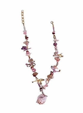 READY TO SWEAR 粉色落日小众天然石拼色海边度假手工串珠项链