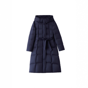 东北90白鸭绒修身系带简约纯色厚连帽羽绒服女长款过膝2025冬新款