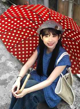 红色波点雨伞2025年新款加大加厚加固长柄伞抗强风暴雨女生
