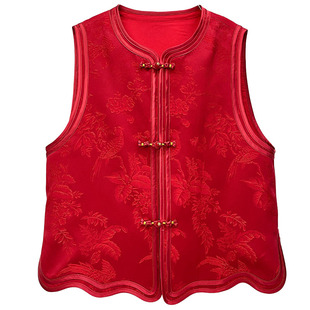 新中式国风高级感红色提花马甲女盘扣圆领国风背心外穿洋气新年服