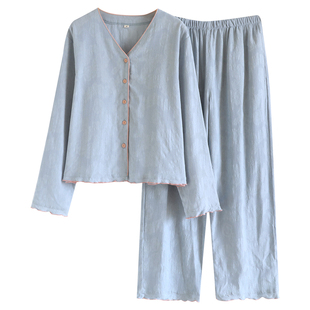 V领提花双层纯棉纱布春秋季睡衣女士2026新款长袖纯色家居服套装