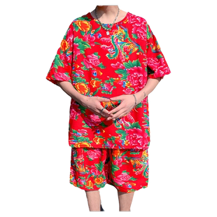 夏季男式短袖T恤短裤两件套加大码中国风宽松圆领套装情侣服装潮
