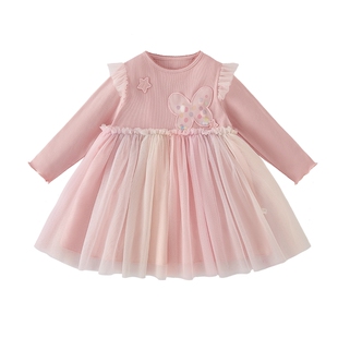 [7A抑菌]女童裙子儿童撞色拼接网纱裙女宝宝蝴蝶公主裙连衣裙春季