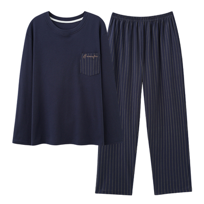 100%纯棉睡衣男士高档长袖圆领套头大码宽松男式青少年家居服套装