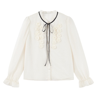 秋水伊人简约仙气木耳边立领上衣2026年春季新款立体花朵飘带衬衫
