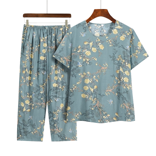 老年人奶奶夏装套装妈妈绵绸短袖两件套中老年女上衣老年太太衣服