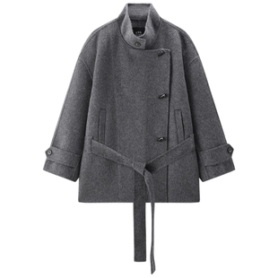 【商场同款】太平鸟羊驼毛双面呢一手长牛角扣大衣女A1AAF421Y