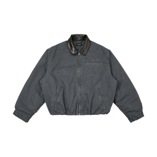 haonanhuang 羊皮翻领水洗帆布做旧短宽收腰版型棉服拉链夹克外套