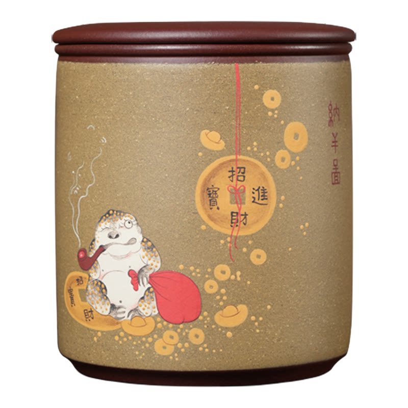 350g泥绘招财进宝紫砂茶叶罐