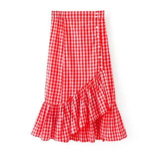 复古不规则花瓣鱼尾裙a字夏中长款荷叶边高腰红色格子遮肉半身裙