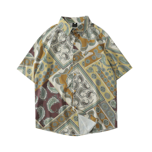 复古着vintage腰果印花短袖衬衫潮牌嘻哈半袖宽松休闲夏威夷衬衣