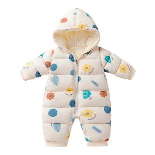 加绒加厚羽绒棉服婴儿连体衣服婴幼儿外出抱衣男宝宝冬装棉袄冬季